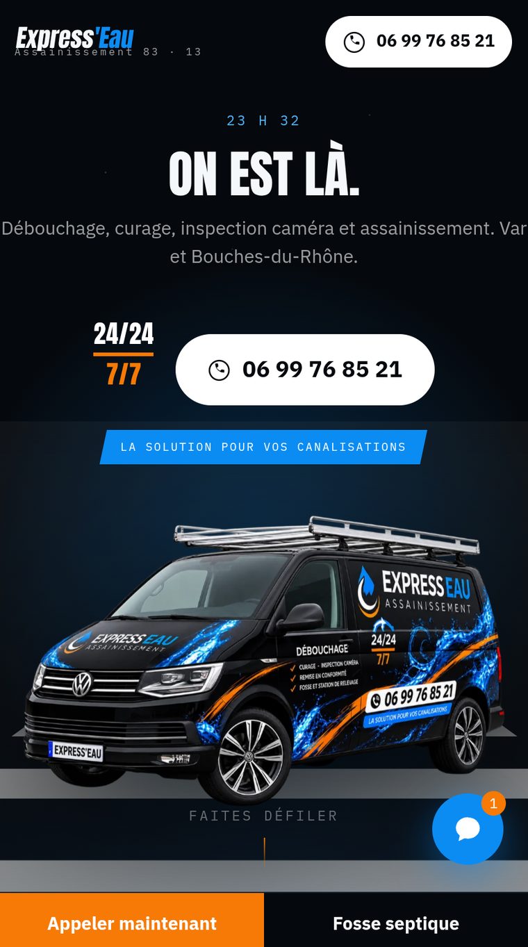 Aperçu du site Express'Eau Assainissement, débouchage et assainissement dans le Var